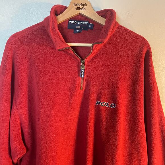 VTG Polo Sport Ralph Lauren SZ XL Red Fleece Quarter Zip Drawstring Hem Pullover - Picture 2 of 16
